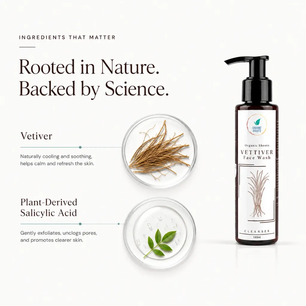 organic shoots vettiver face wash ingredients.webp